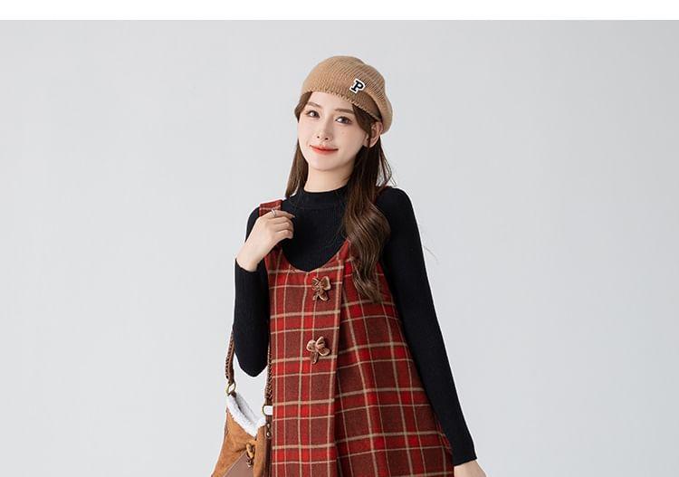 Maternity Long-Sleeve Mock Neck Plain Slim Fit Top / Plaid Bow Midi A-Line Pinafore Dress Product Image