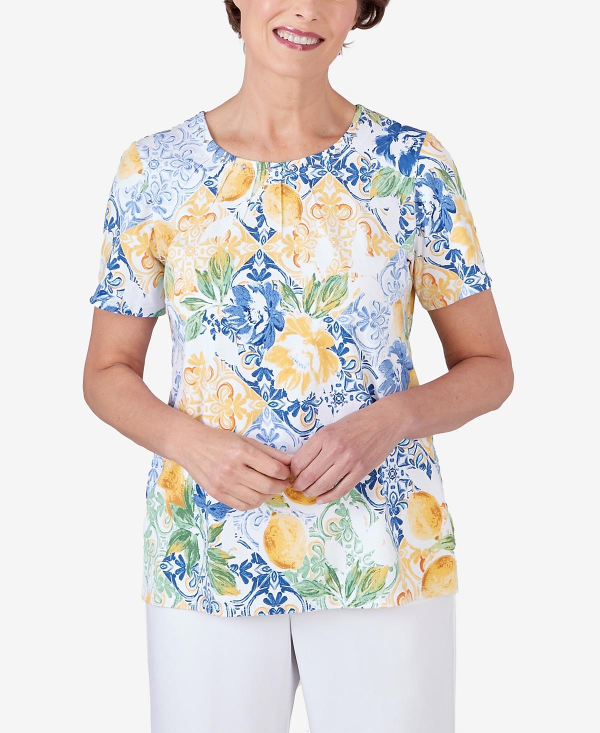 Alfred Dunner Womens Pleated Neck Lemons Short Sleeve Top Product Image