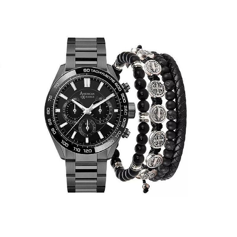 Mens Gunmetal Tone Chronograph Watch & 3-Piece Bracelet Set Grey Product Image