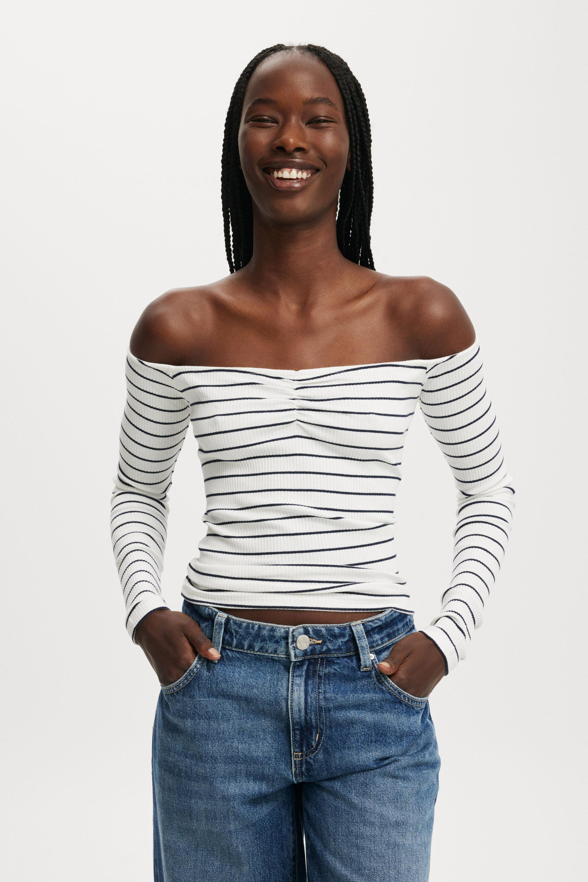 Cotton On Women - Rosa Off The Shoulder Long Sleeve Top - Classic stripe vintage white/ink navy Product Image