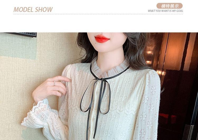 Long-Sleeve Ribbon Neck Lace Shirt Product Image