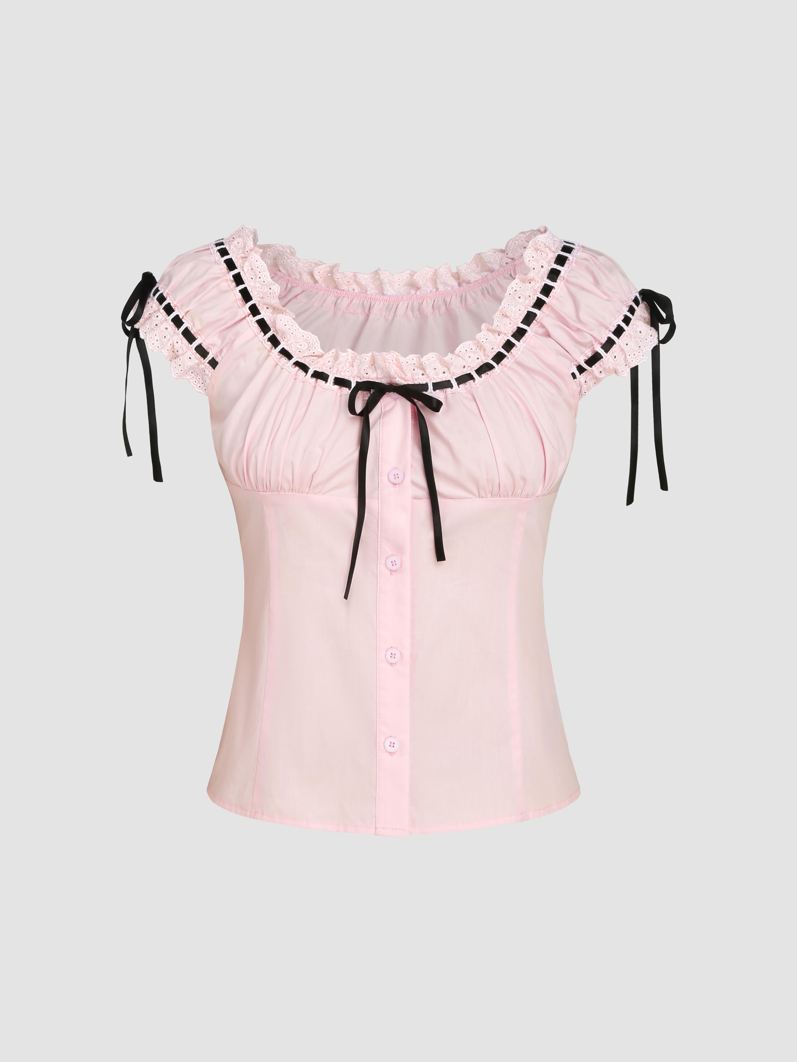 Contrasting Trim Ruched Short Sleeve Blouse Product Image