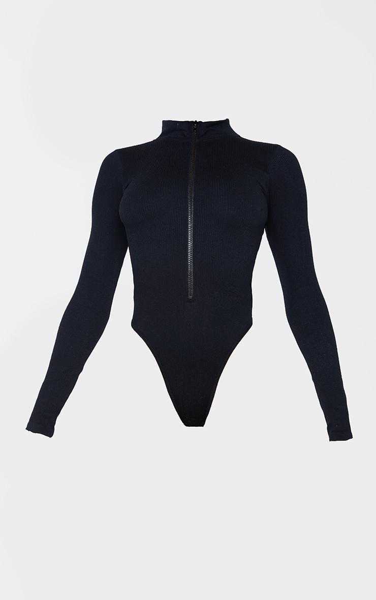 Black Snatched Rib Zip Up Long Sleeve Bodysuit Product Image