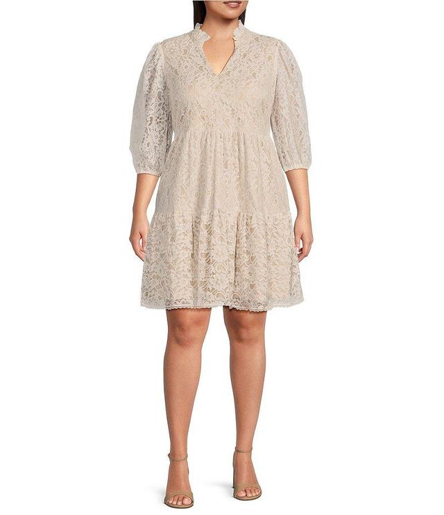 Jessica Howard Plus Size 3/4 Sleeve Ruffle Split V-Neck Tiered Skirt Lace A-Line Dress Product Image