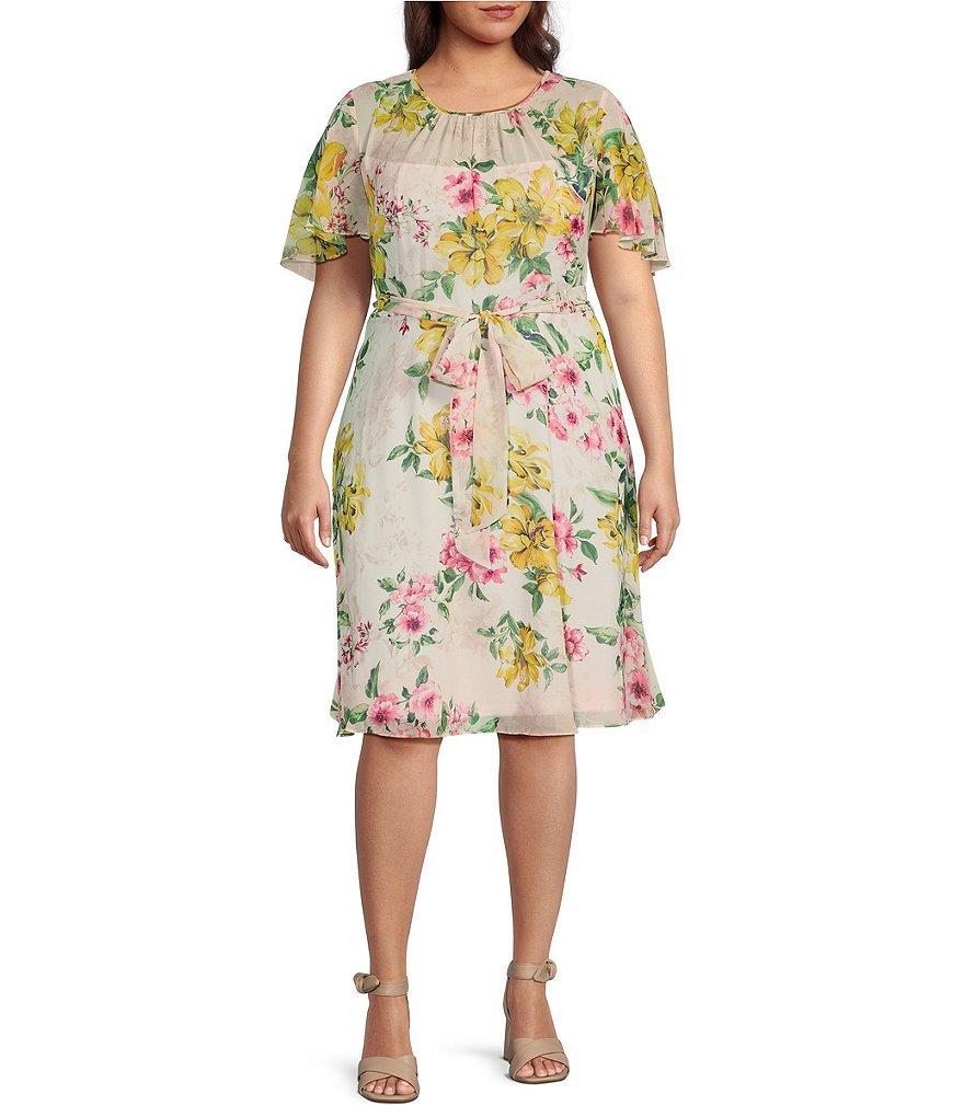 Jessica Howard Plus Size Short Flutter Sleeve Crew Neck Tie Waist Floral Chiffon Dress Product Image