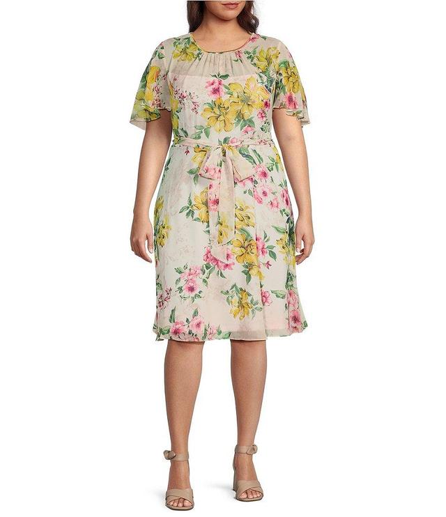 Jessica Howard Plus Size Short Flutter Sleeve Crew Neck Tie Waist Floral Chiffon Dress Product Image