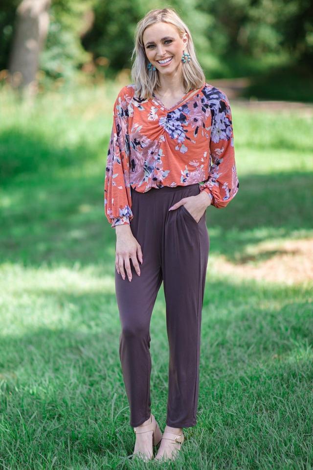 Rust Multicolor Floral Shirred Bodice Top Product Image