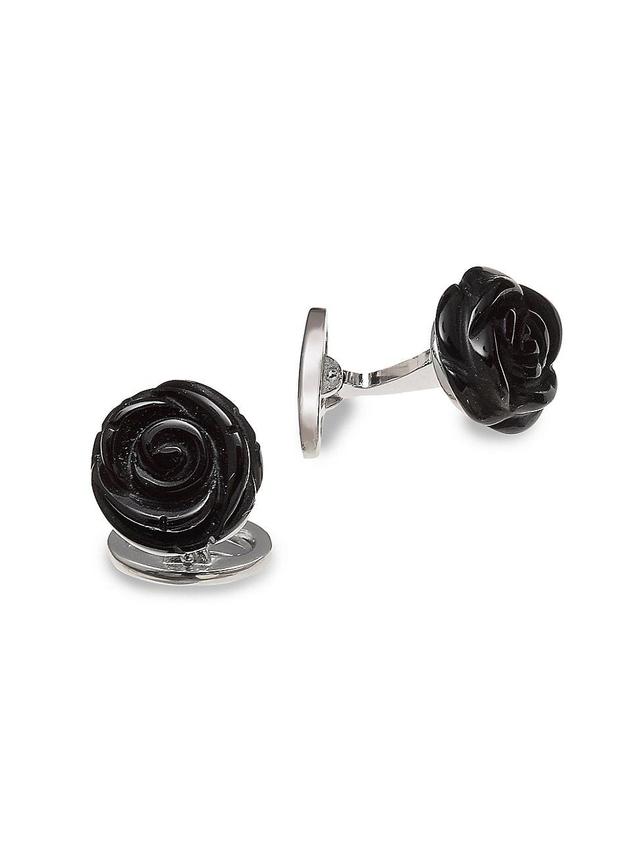 Mens Black Onyx & Sterling Silver Carved Rose Cufflinks Product Image