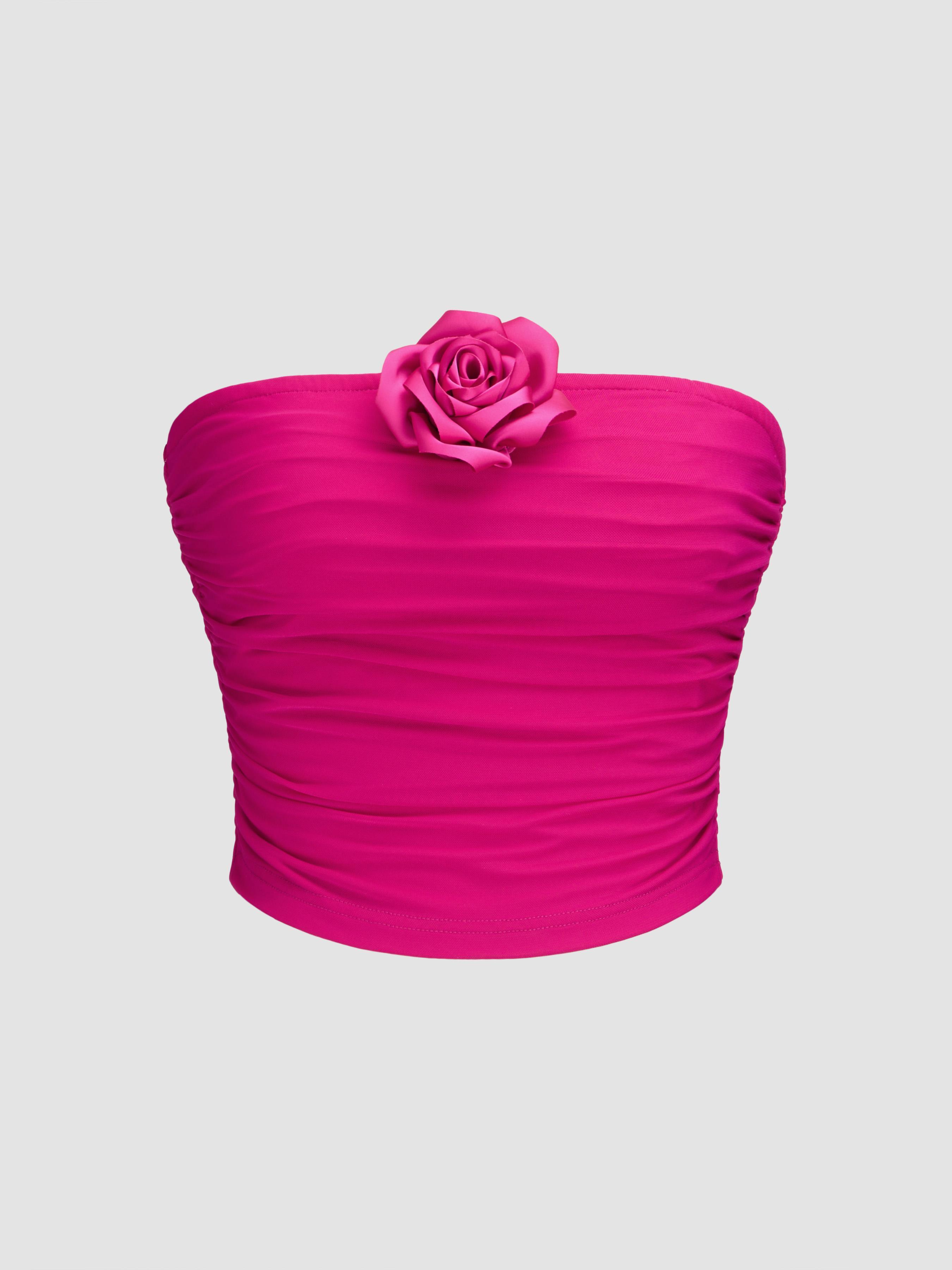 Mesh Strapless Rosette Ruched Crop Tube Top Product Image