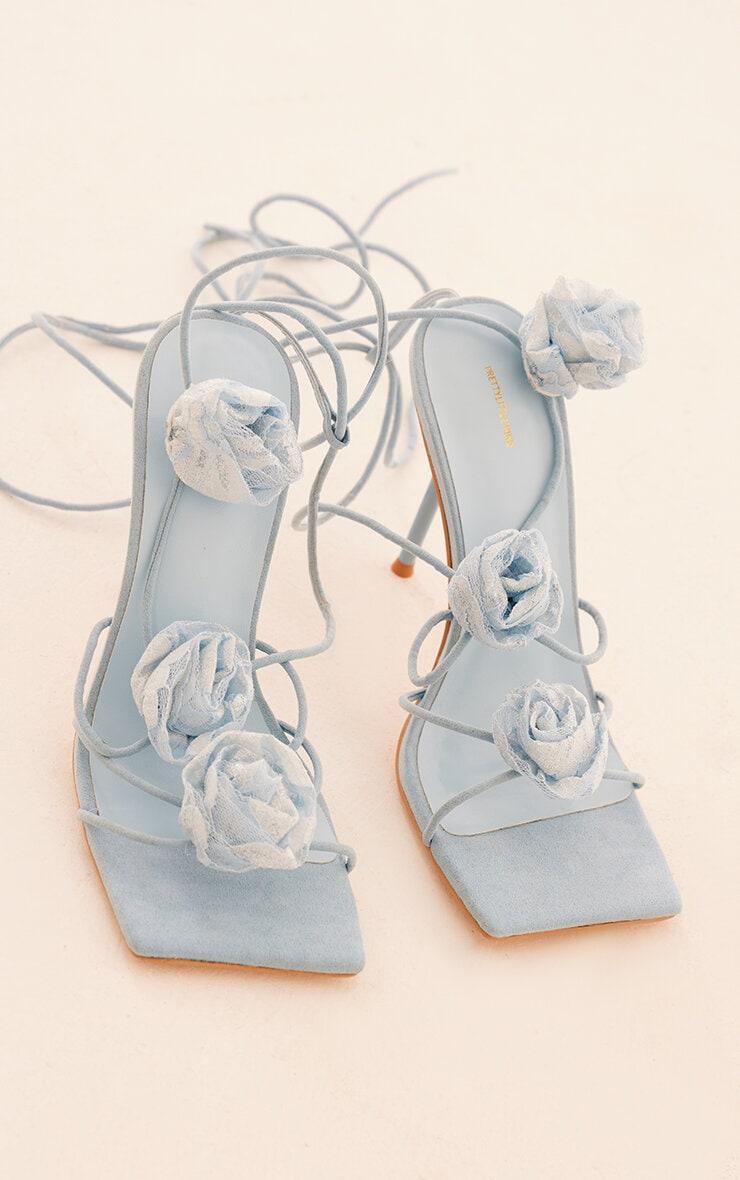 Blue Faux Suede Square Toe Corsage Detail Lace Up High Heeled Sandals product image