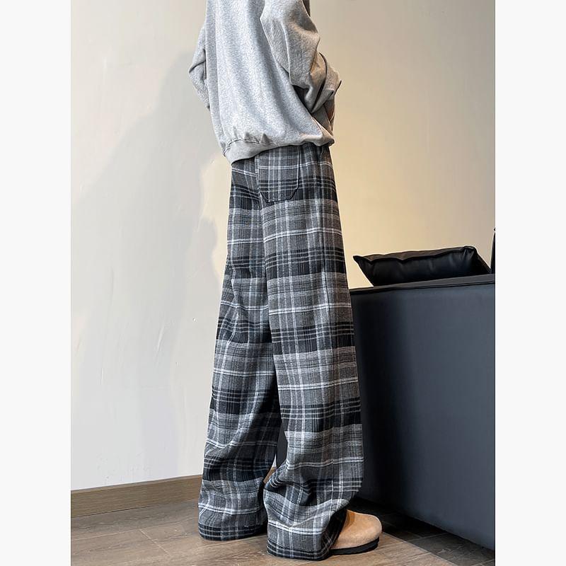 High Waist Plaid Wide Leg Pants Product Image