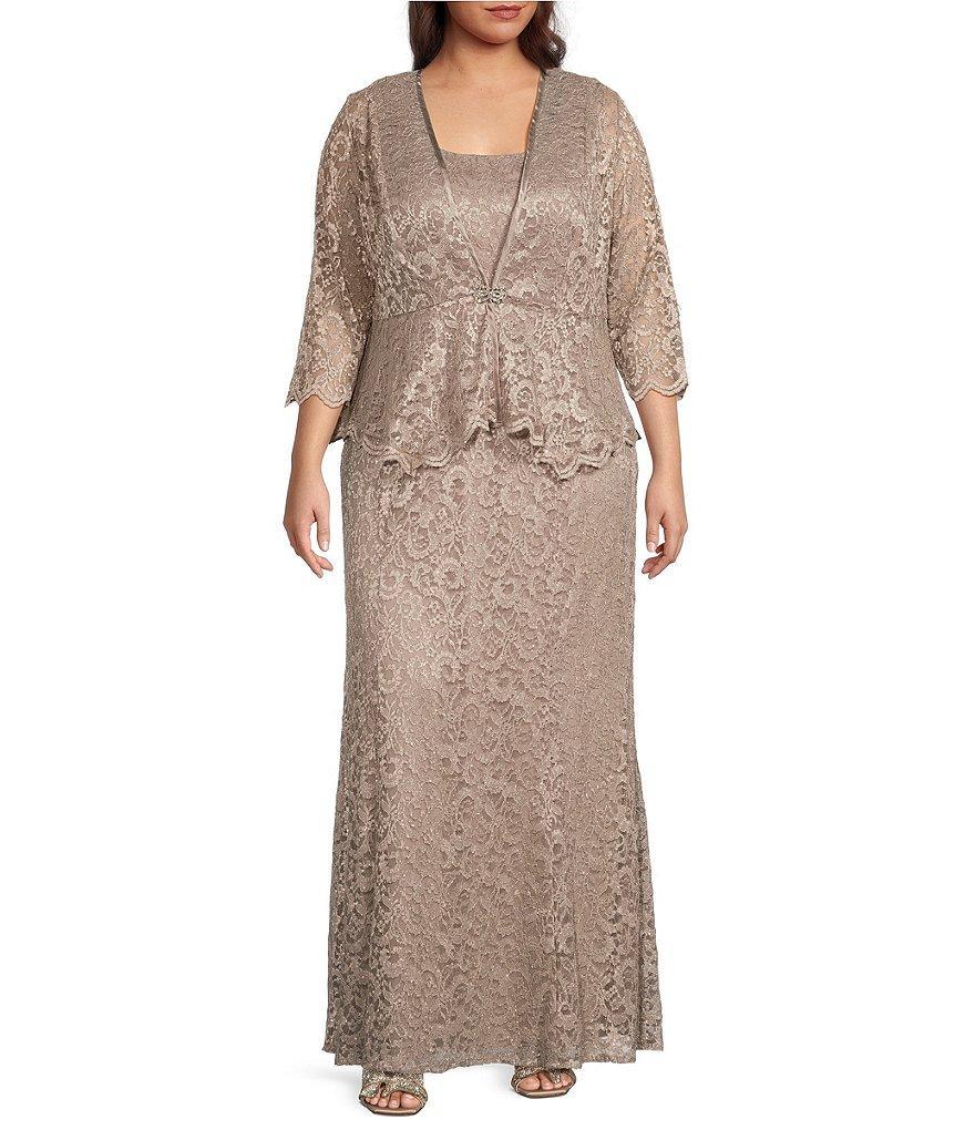 R & M Richards Plus Size Stretch Lace Charmeuse Round Neck 3/4 Sleeves Glitter 2-Piece Jacket Dress product image