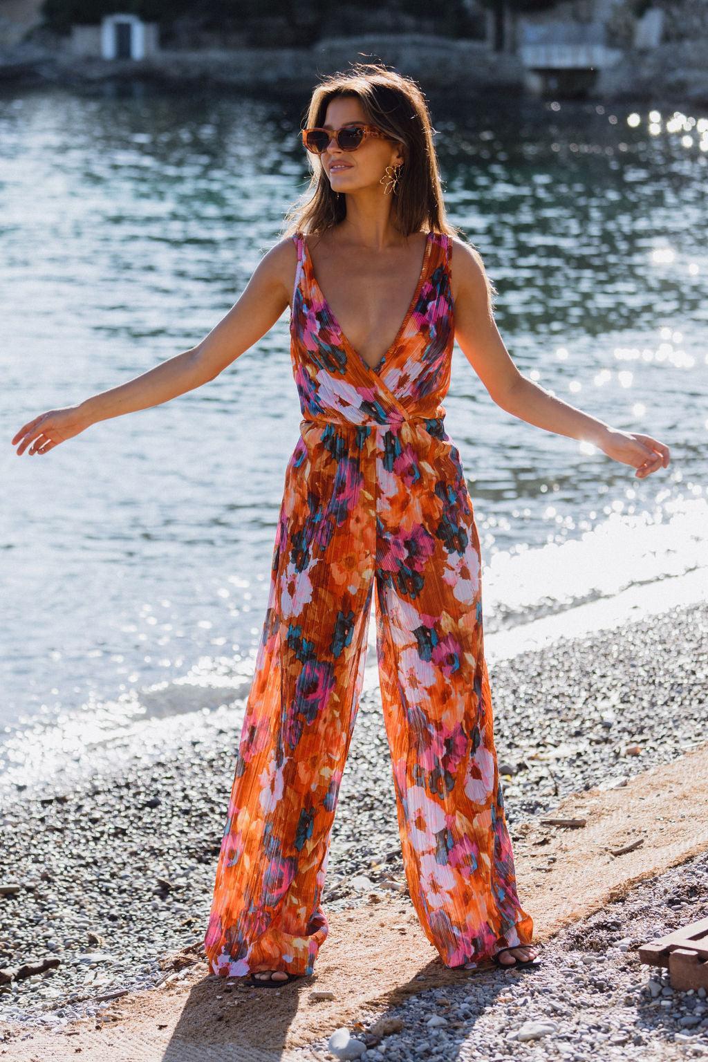 Fleur Orange Floral Plisse Jumpsuit Product Image