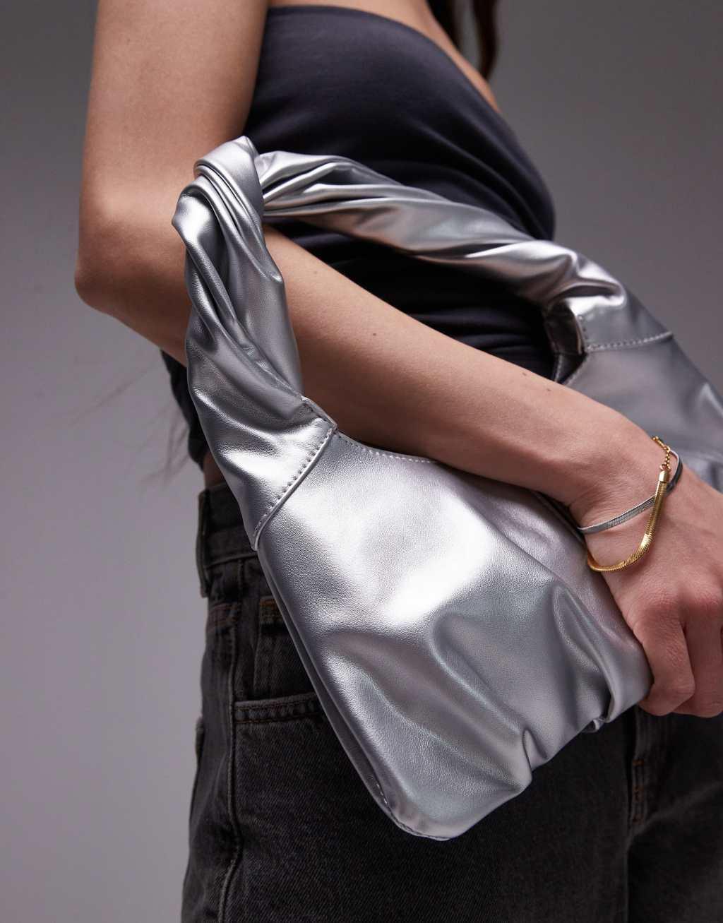 Topshop Sammie shoulder bag with pleat detail and twisted handle in silver Product Image