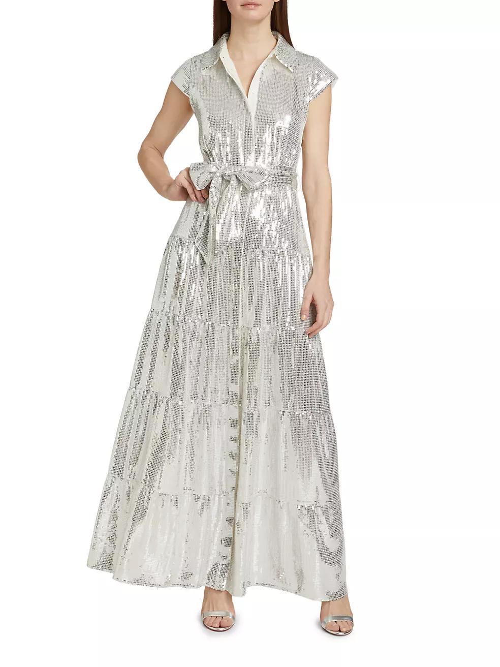 Miranda Sequined Tie-Waist Tiered Maxi Shirtdress Product Image