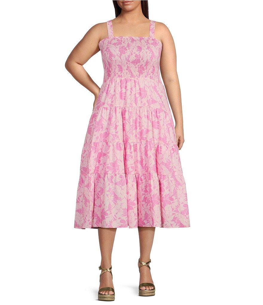 Michael Kors Plus Size Palm Print Square Neckline Sleeveless Tiered Smocked Midi Dress Product Image