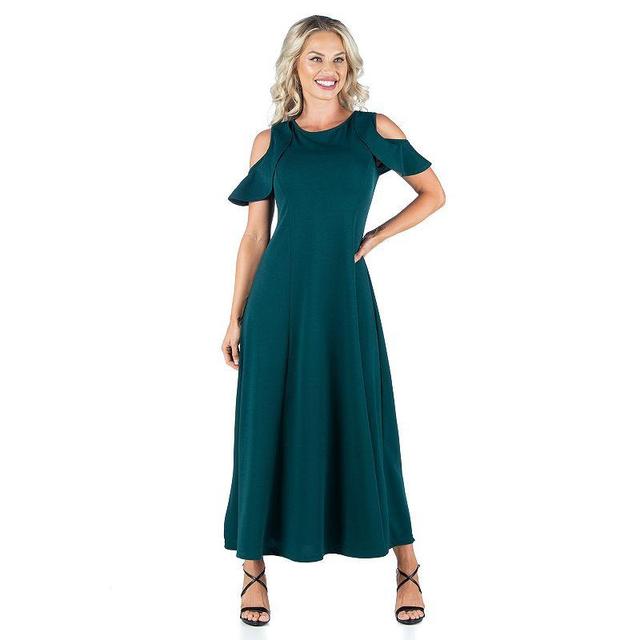 Womens 24seven Comfort Apparel Ruffled Cold Shoulder A-Line Maxi Dress Green Product Image