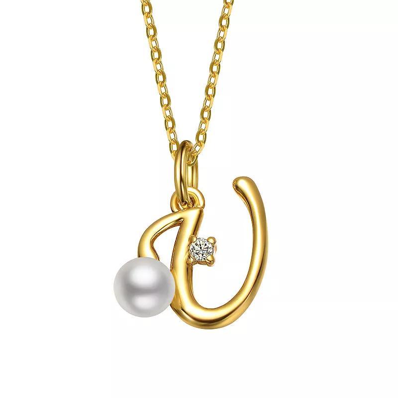 14k Gold Plated Simulated Pearl Initial Pendant Necklace, Womens Yellow Product Image