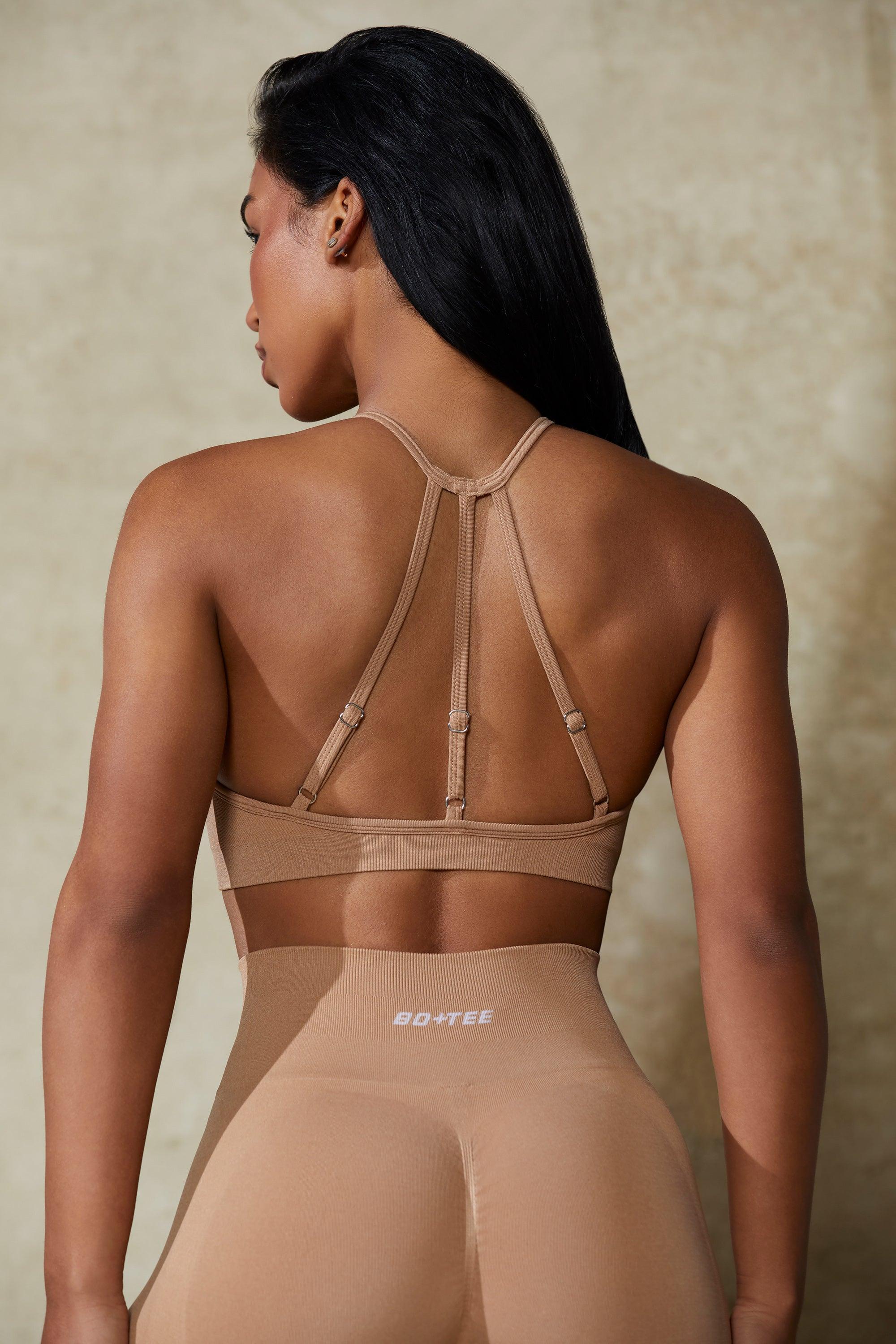 High Neck Open Back Define Luxe Sports Bra in Warm Taupe Female Product Image