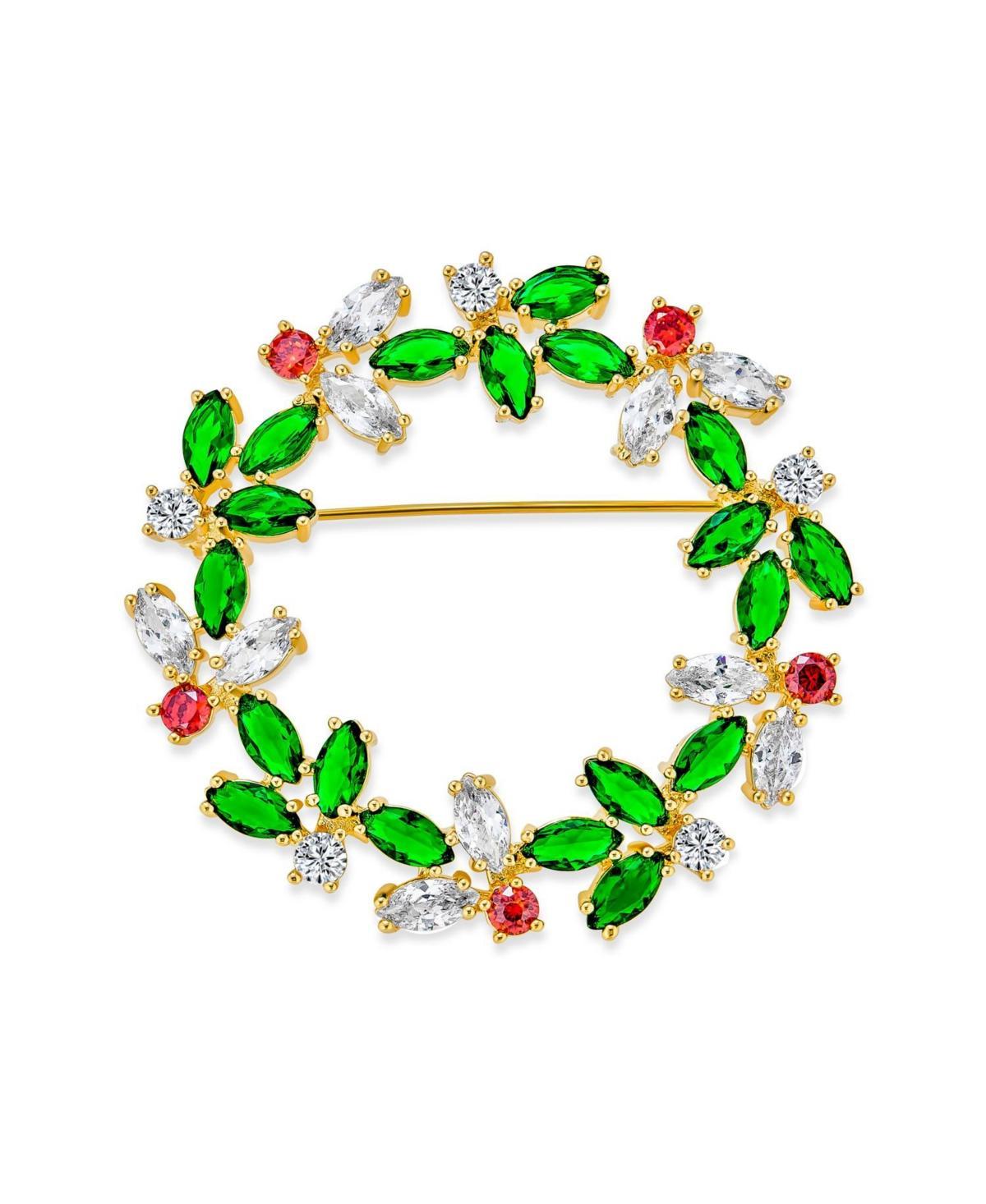 Bling Jewelry Colorful Marquise Cubic Zirconia Cz Green Red White Round Fashion Christmas Holiday Wreath Brooch Pin For Women Gold Plated Product Image