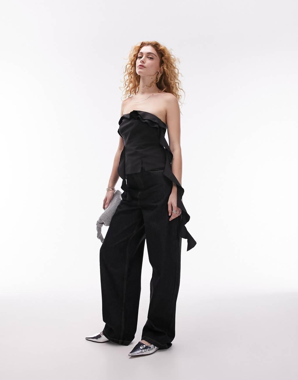 Topshop tailored frill bandeau top in black  Product Image