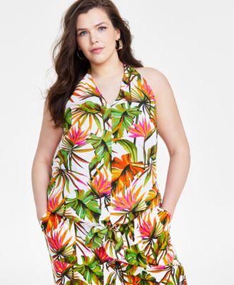 Plus Size Linen-Blend Tie-Front Halter Top, Created for Macy's Product Image