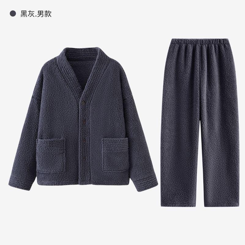 Pajama Set: V-Neck Plain Fleece Button Jacket + Elastic Waist Straight Leg Pants (Various Designs) Product Image