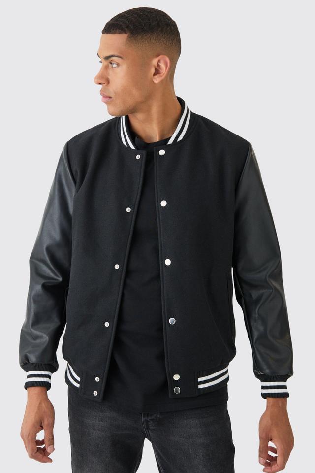 Plain Melton And Pu Sleeve Varsity Jacket In Black | boohooMAN USA Product Image