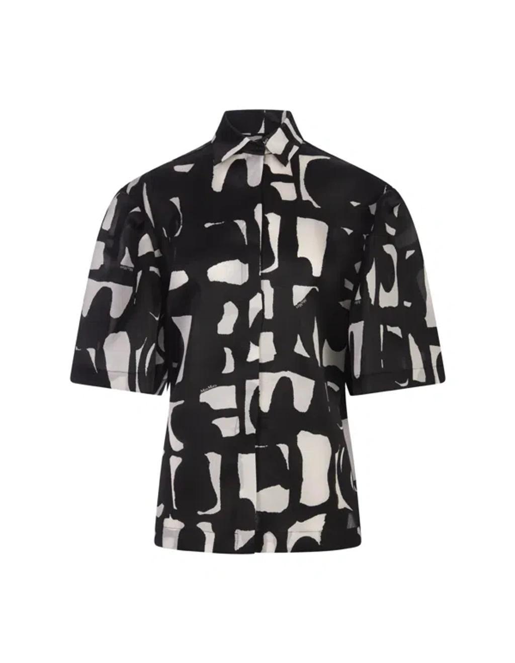 Carella Abstract-print Puff-sleeve Collared Shirt In White,black Product Image