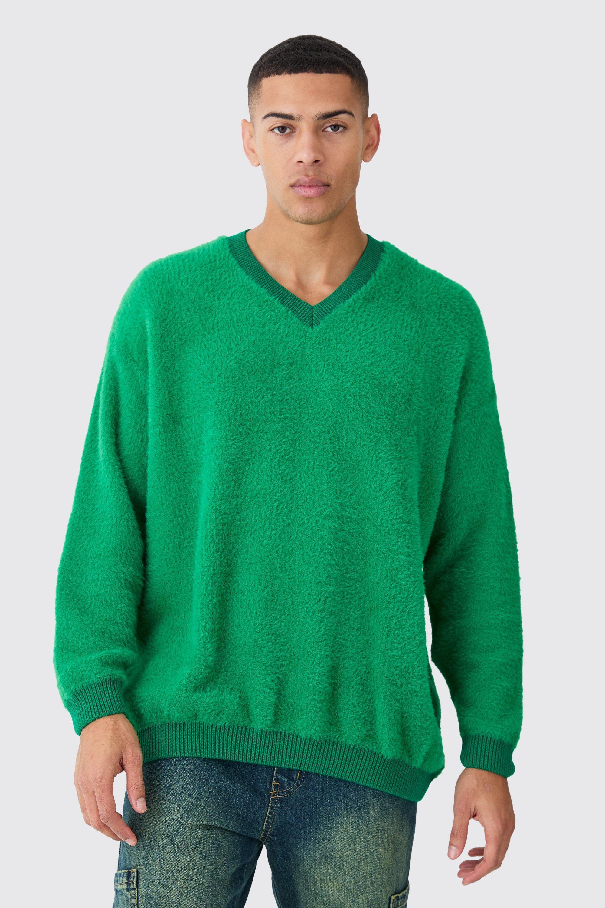 Fluffy Contrast V Neck Boxy Jumper | boohooMAN USA Product Image