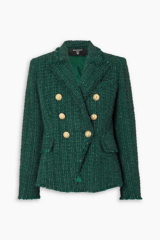 Button-embellished Double-breasted Bouclé Blazer In Forest Green Product Image