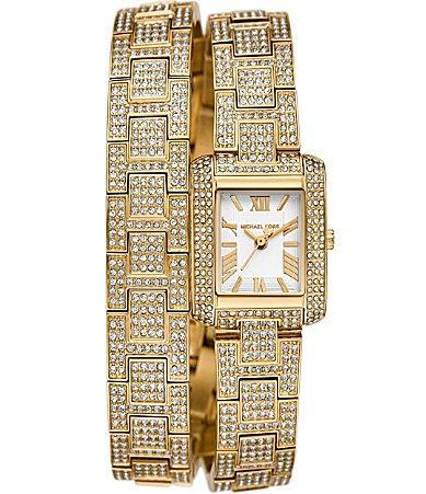 Michael Kors Womens Emery Three-Hand Crystal Pave Gold-Tone Stainless Steel Wrap Bracelet Watch Product Image