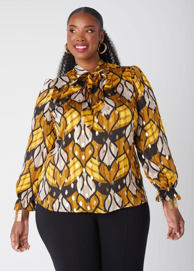 Plus Size Neck Tie Metallic Printed Blouse Ashley Stewart Product Image