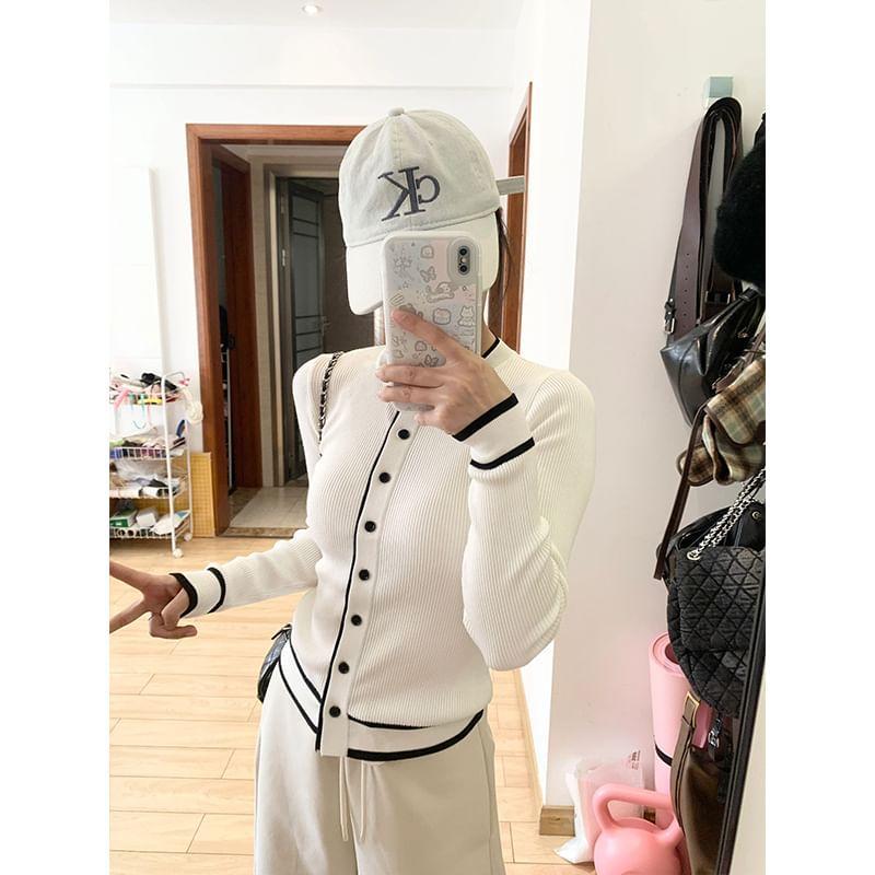 Round Neck Striped Ribbed Cardigan Product Image