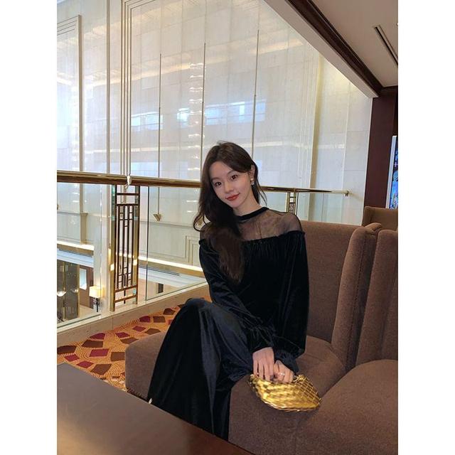 Long Sleeve Round Neck Velvet Sheer Panel Maxi A-Line Dress Product Image