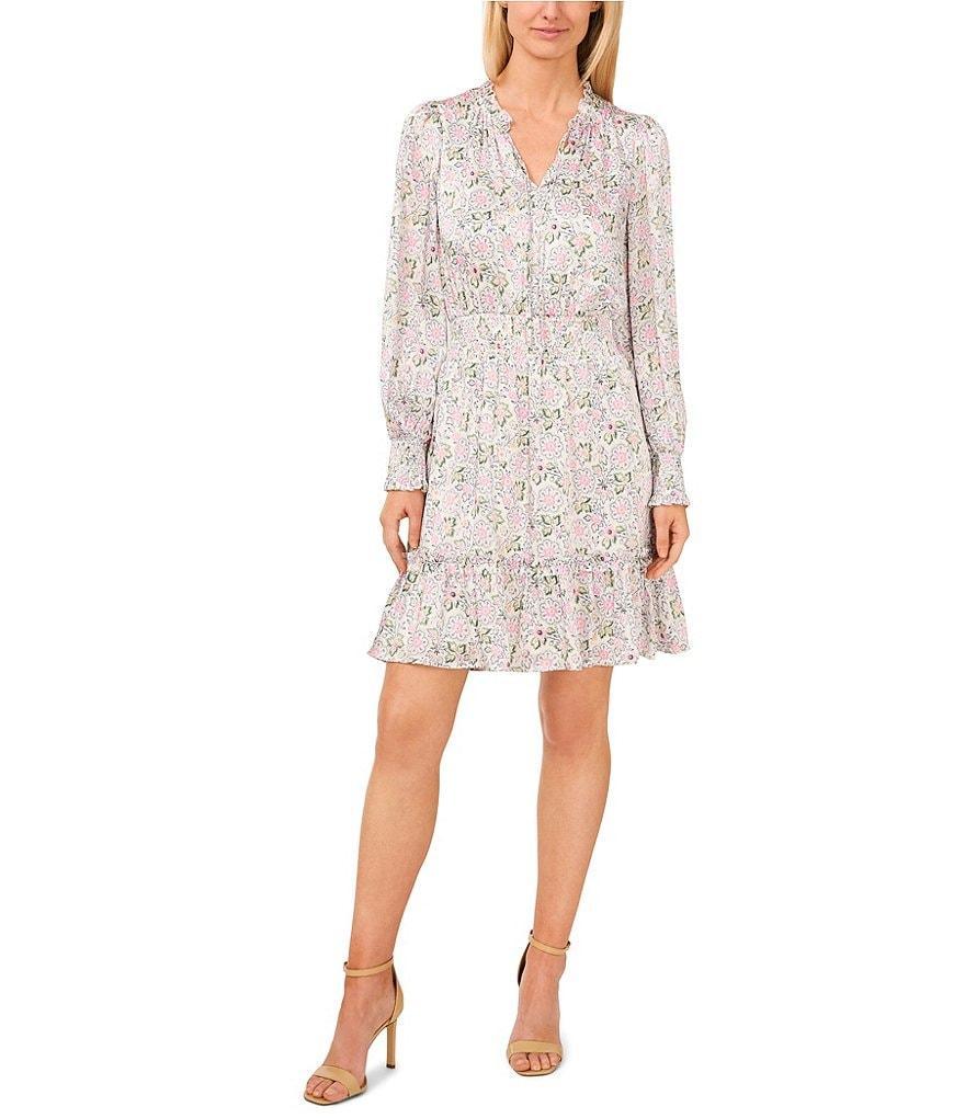 CeCe V-Neck Long Sleeve Floral A-Line Dress Product Image