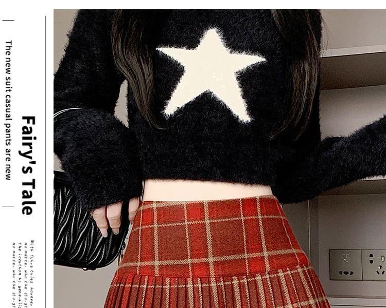 High Waist Plaid Pleated Mini A-Line Skirt Product Image