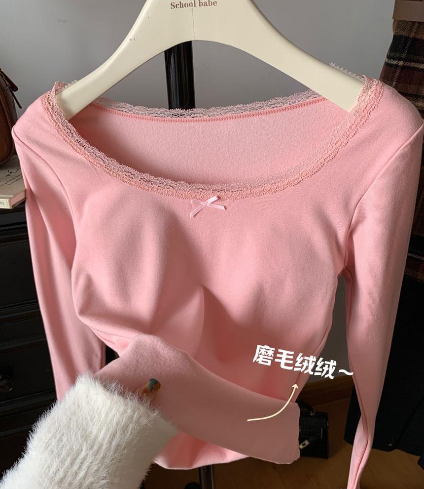 Long Sleeve Square Neck Plain Lace Trim Fleece Lined Top Product Image