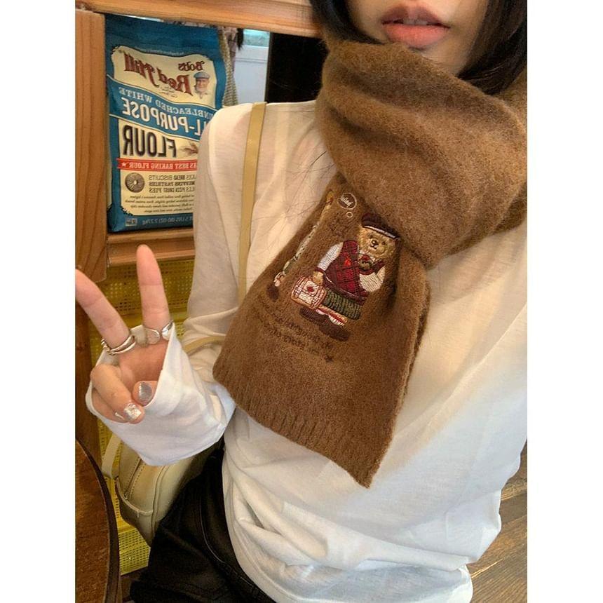 Bear & Lettering Embroidered Plain Knit Scarf Product Image