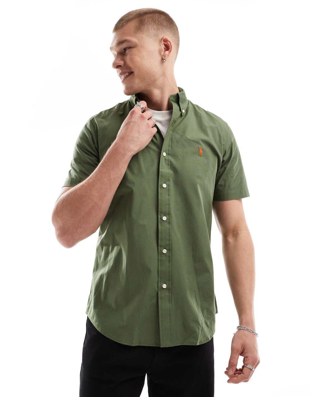 Polo Ralph Lauren icon logo short sleeve poplin shirt in olive green Product Image