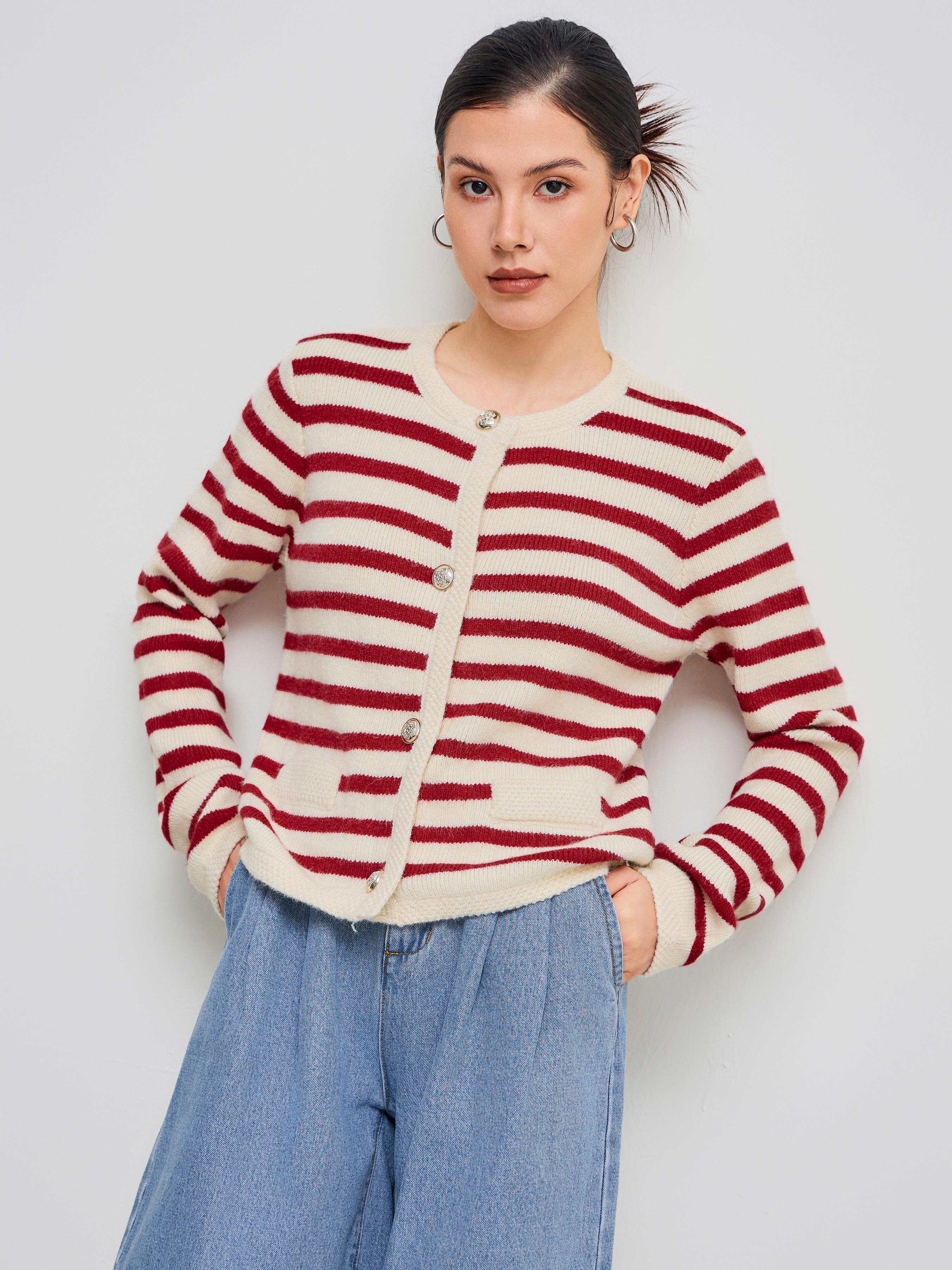 Knitted Round Neckline Striped Button Cardigan Product Image