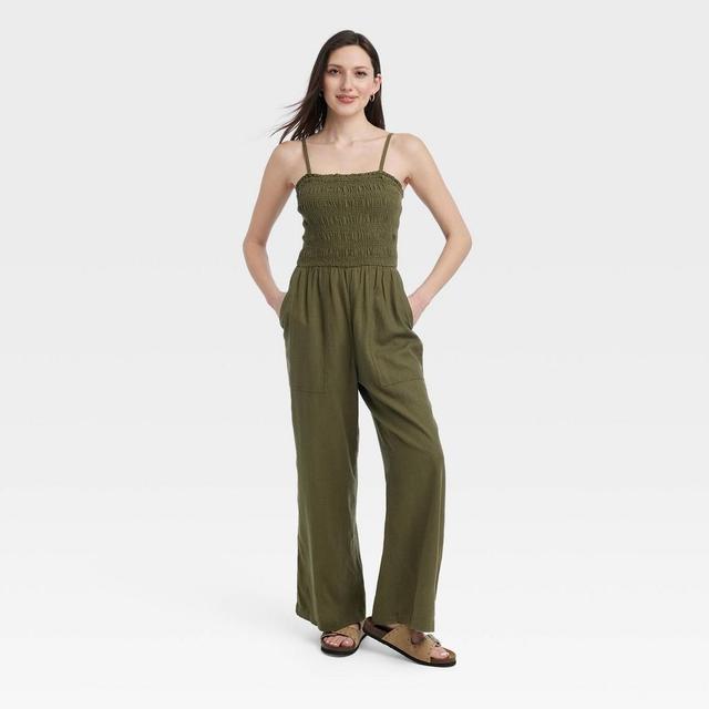 Womens Smocked Linen Maxi Jumpsuit - Universal Thread Olive Green M Product Image