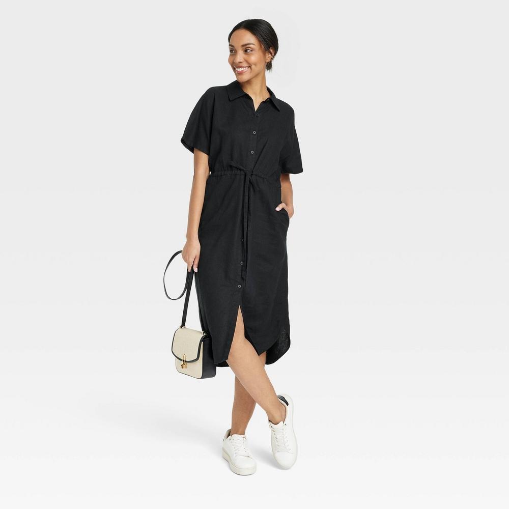 Womens Short Sleeve Linen Midi Shirtdress - A New Day Black Product Image