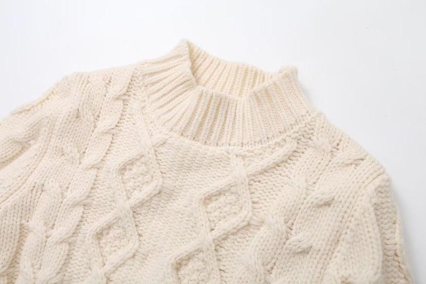 Mock Neck Plain Cable Knit Crop Sweater Product Image