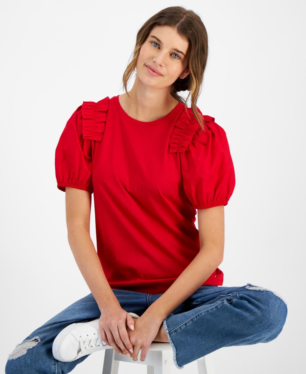 Women's Mixed-Media Crewneck Short-Sleeve Top product image