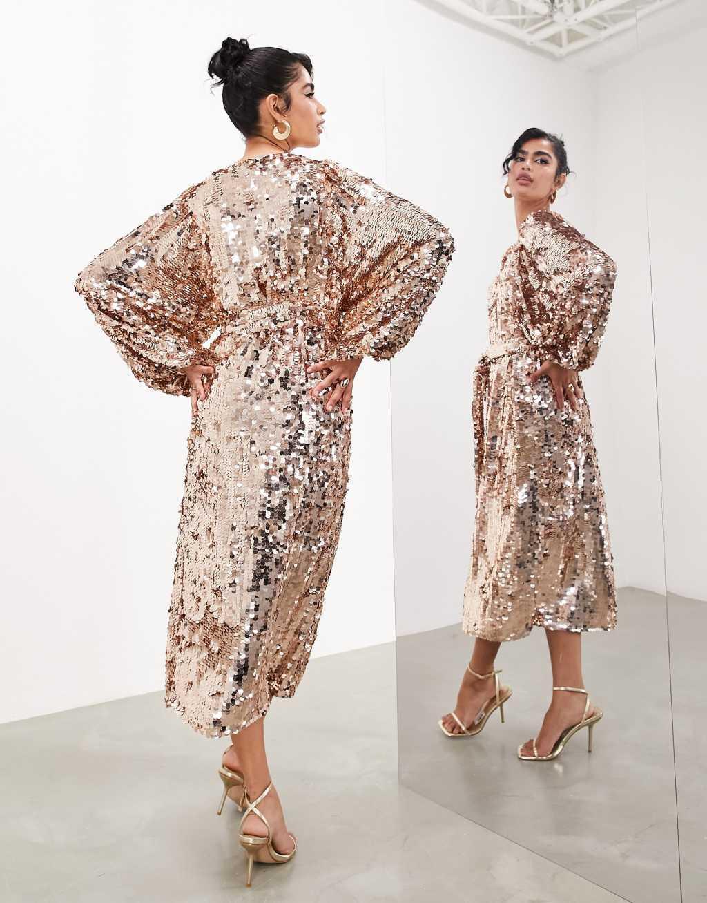 ASOS EDITION batwing sleeve sequin wrap midi dress in gold Product Image