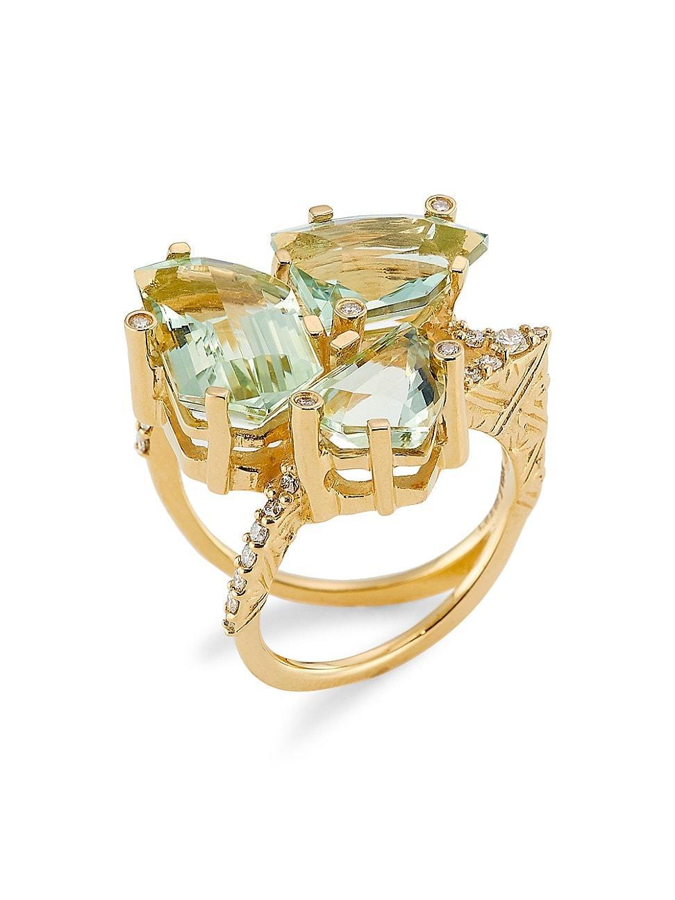 Womens Luxury 18K Yellow Gold, Green Prasiolite & 0.4 TCW Diamond Ring Product Image