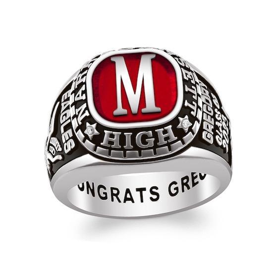 Men's Cushion-Cut Gemstone and Diamond Accent Engravable High School Class Ring (1 Stone) Product Image