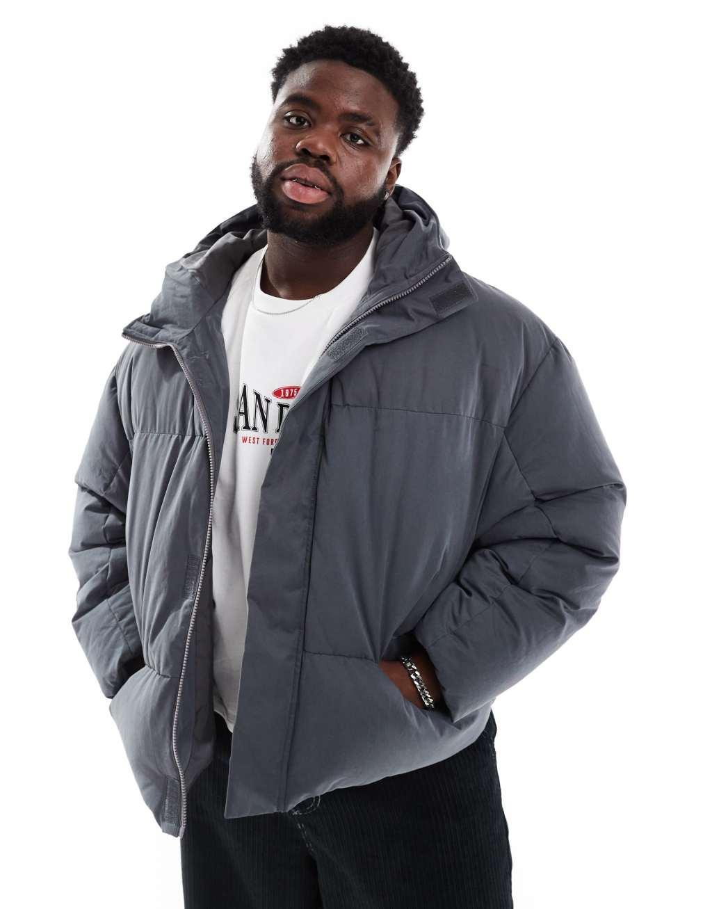 ASOS DESIGN oversized puffer jacket with seam detail in gray Product Image