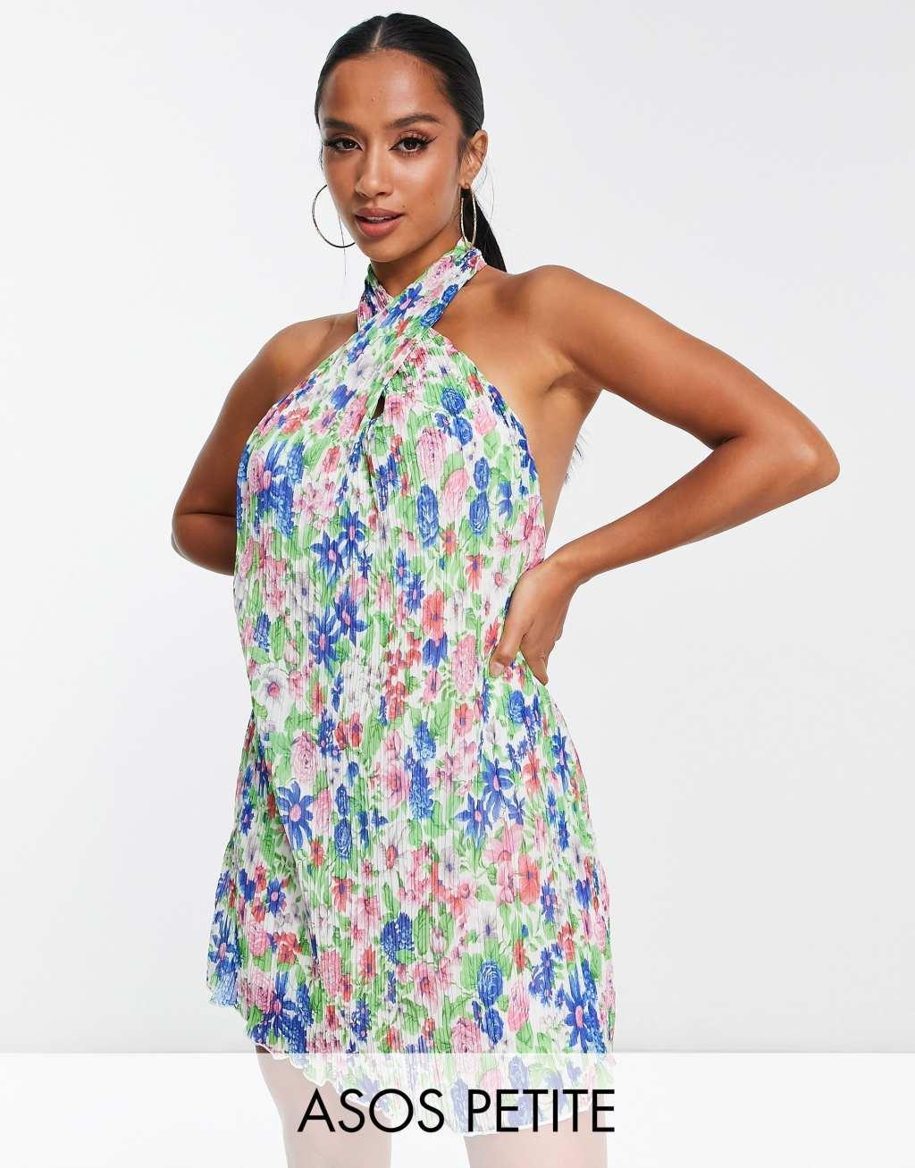 ASOS DESIGN Petite plisse halter mini dress in bright floral print  Product Image